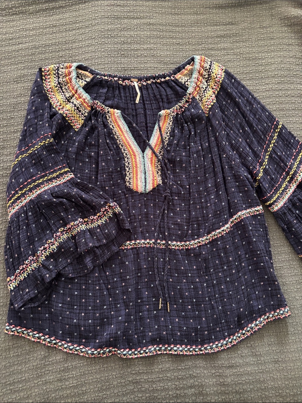 Free People Boho Navy Embroidered Peasant Top